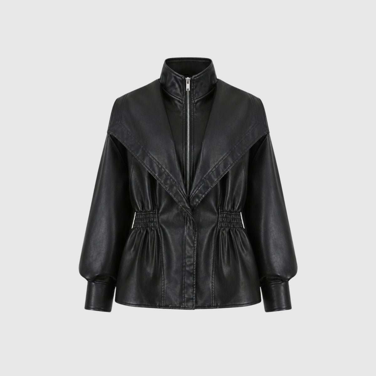 Front flat lay view of black vegan leather zip-up moto jacket with peplum hem and high neck collar.