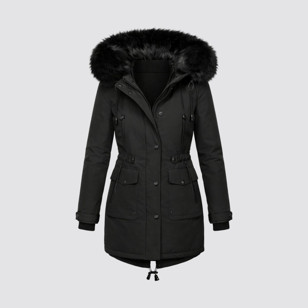 Flat lay view of a black women's winter parka jacket featuring a faux fur hood, front utility pockets, and adjustable waist drawstrings.