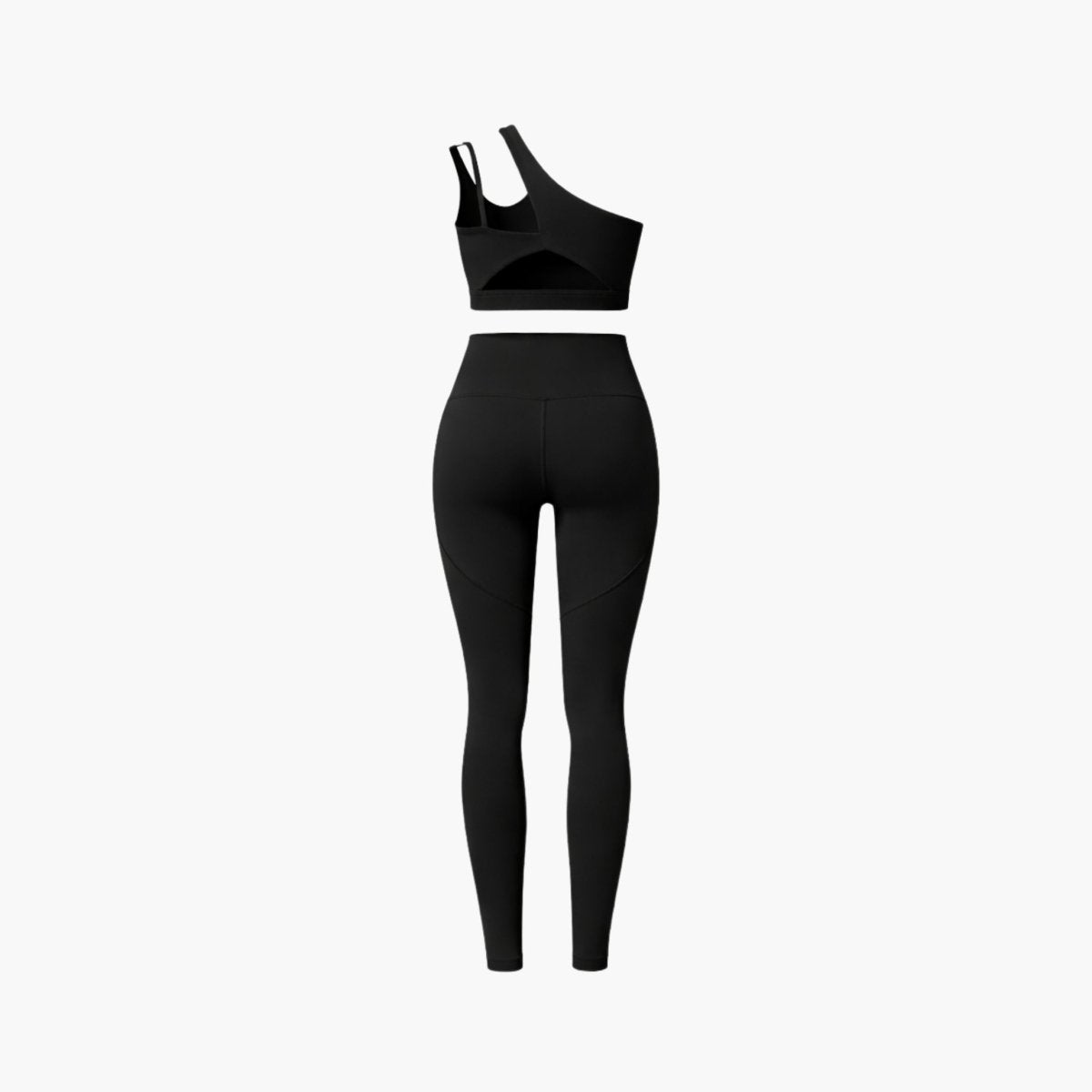 Ghost mannequin back view of black cutout sports bra and activewear leggings with curved seam details