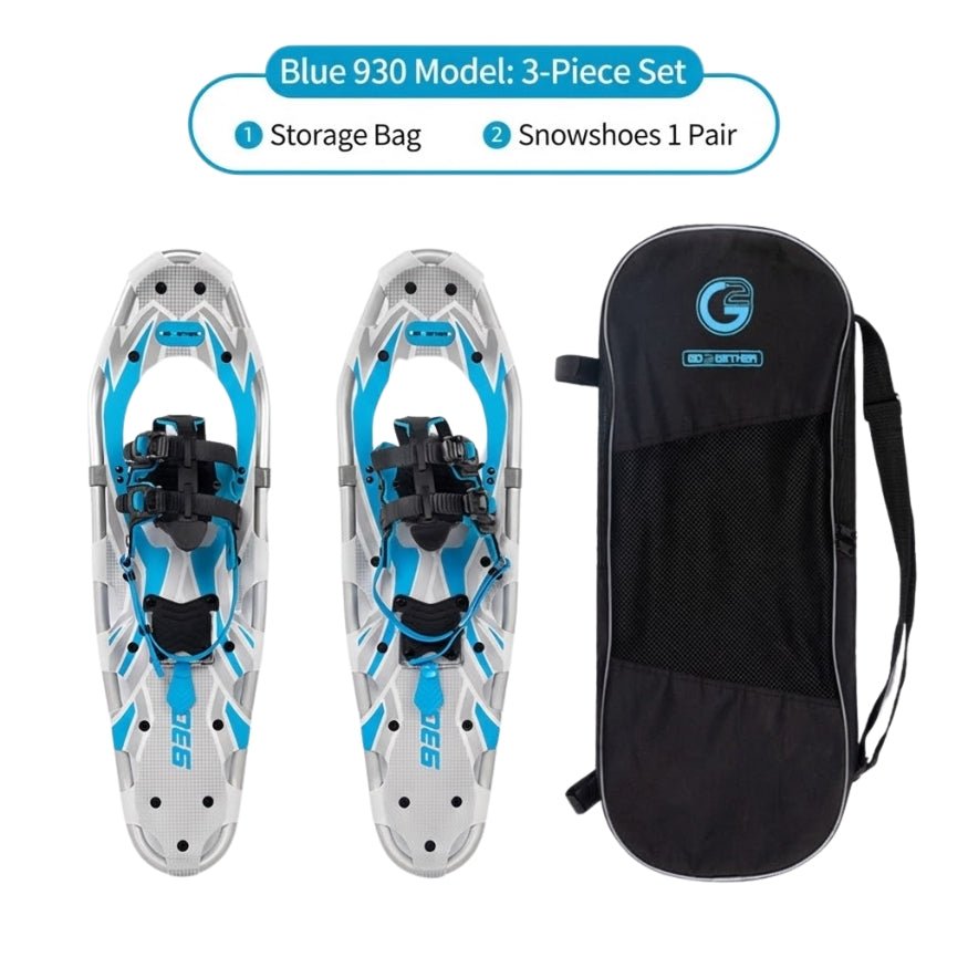 Blue 930 model 3-piece heavy-duty set for deep snow including one pair of snowshoes and a storage bag.