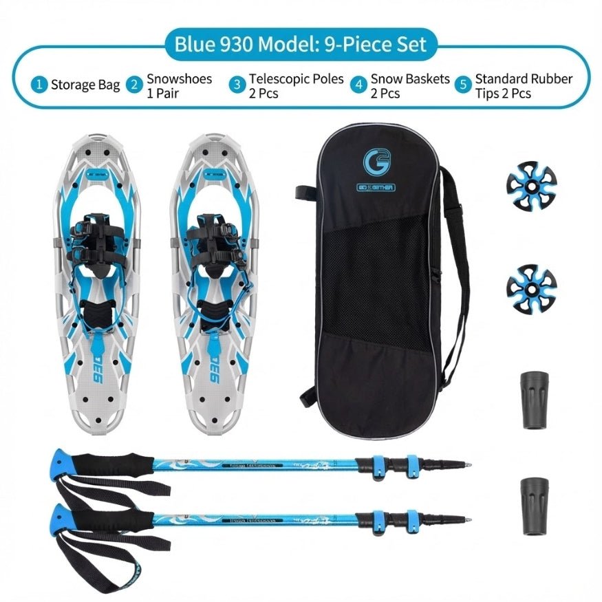 Professional 9-piece bundle with Blue 930 model snowshoes and all-weather trekking accessories.
