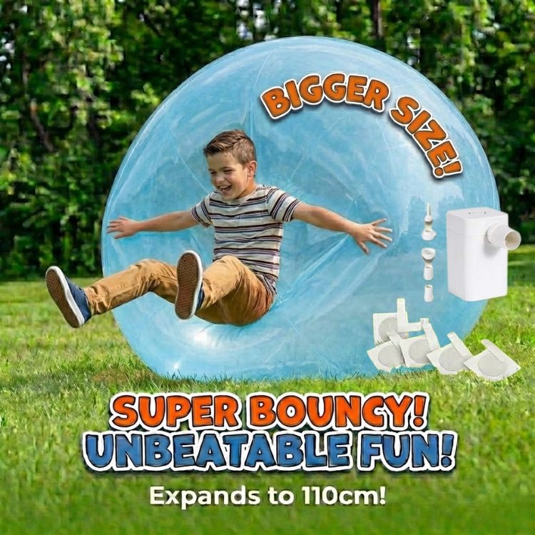 A giant blue jelly balloon ball sitting on the grass next to an included electric air pump and 5 repair patches, labeled as the ultimate fun package.