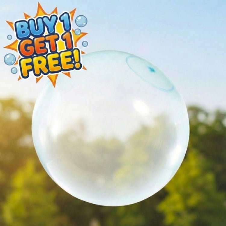 Close-up of a large, transparent blue giant jelly balloon ball floating in the air against a summer sky.