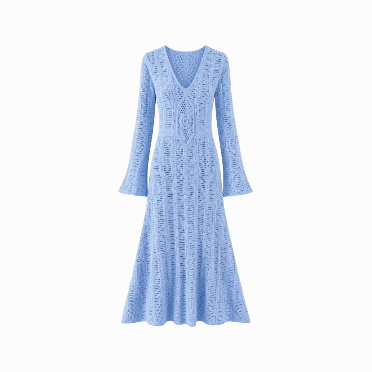 Flat lay front view of a light blue luxury knit vacation dress featuring an intricate central medallion detailing and v-neckline.
