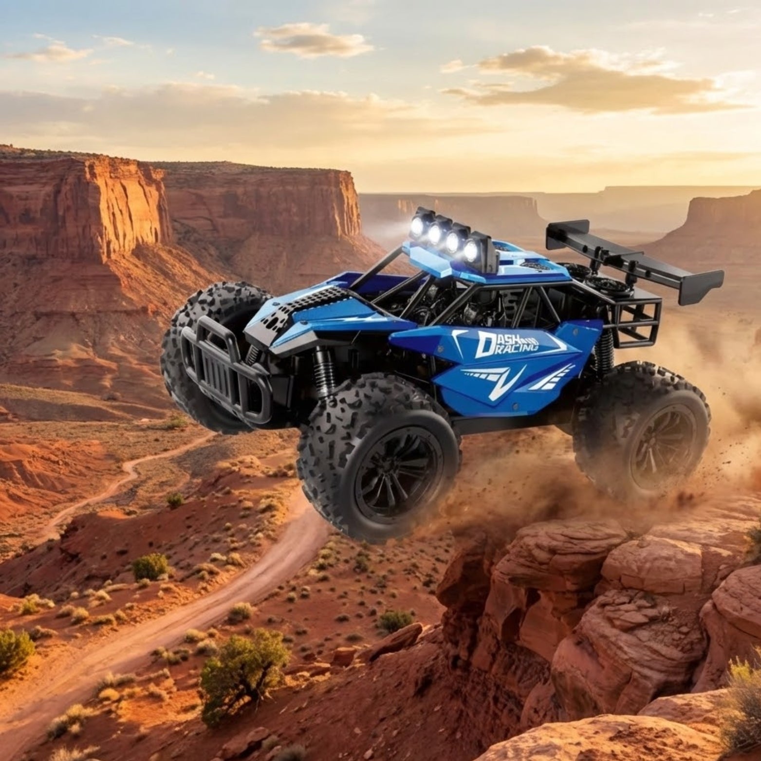 An action shot of the blue off-road remote control car jumping over a dirt mound in a large desert canyon.