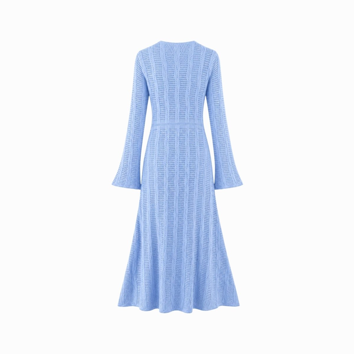 Flat lay back view of a light blue pointelle knit maxi dress showcasing the consistent premium crochet pattern and elegant sleeve drape.