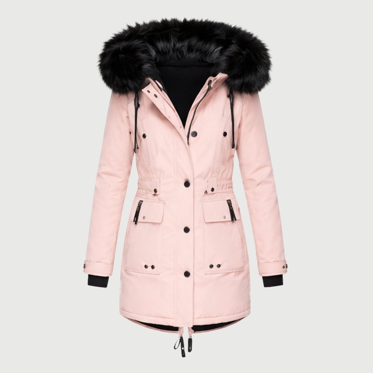 Ghost mannequin front view of the Kouvr blush pink winter coat with black hardware, waist drawstrings, and fur hood.