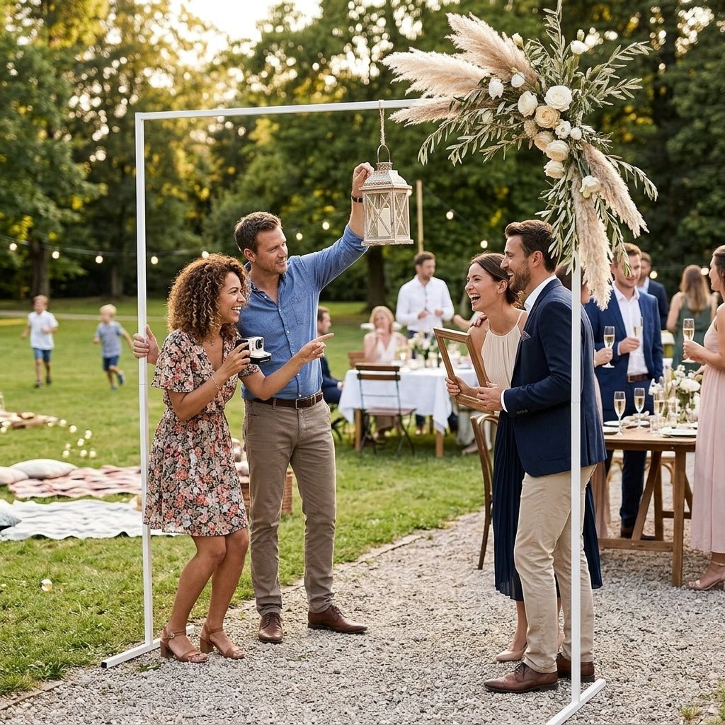 Party guests interacting around a chic white steel arch frame decorated with boho pampas grass for an outdoor photo booth.