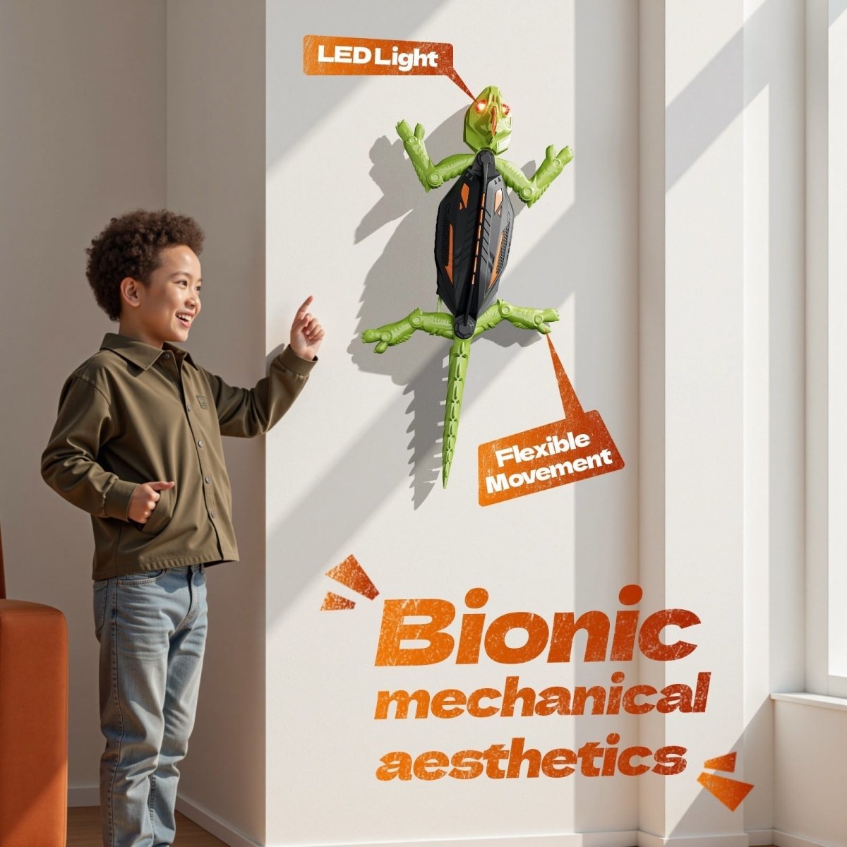 A young boy smiles and points at the green Kouvr wall-climbing chameleon with LED light-up eyes, demonstrating its flexible movement on the wall.