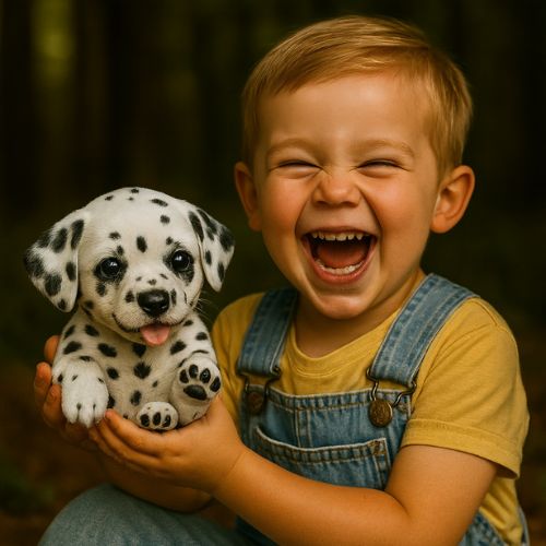 A young boy laughing with pure joy while holding a realistic interactive Dalmatian robot puppy, showcasing the emotional connection and lifelike appeal of the toy.