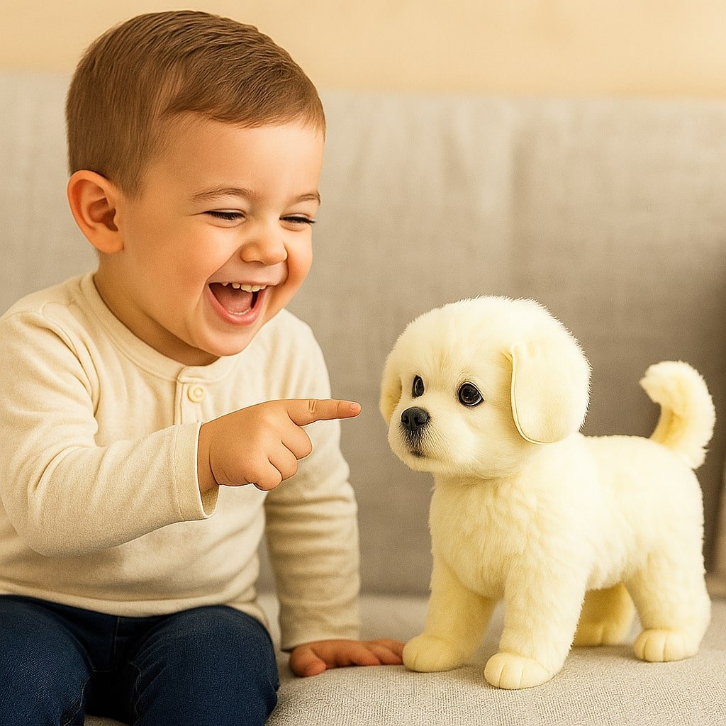 A young boy with reddish-brown hair laughing with his eyes closed while holding a cute, lifelike brown poodle toy puppy.