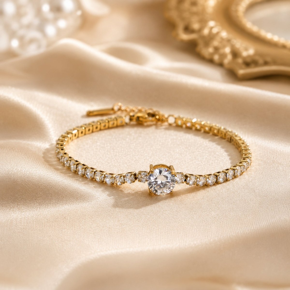 Elegant gold cubic zirconia tennis bracelet lying flat on luxurious champagne silk fabric