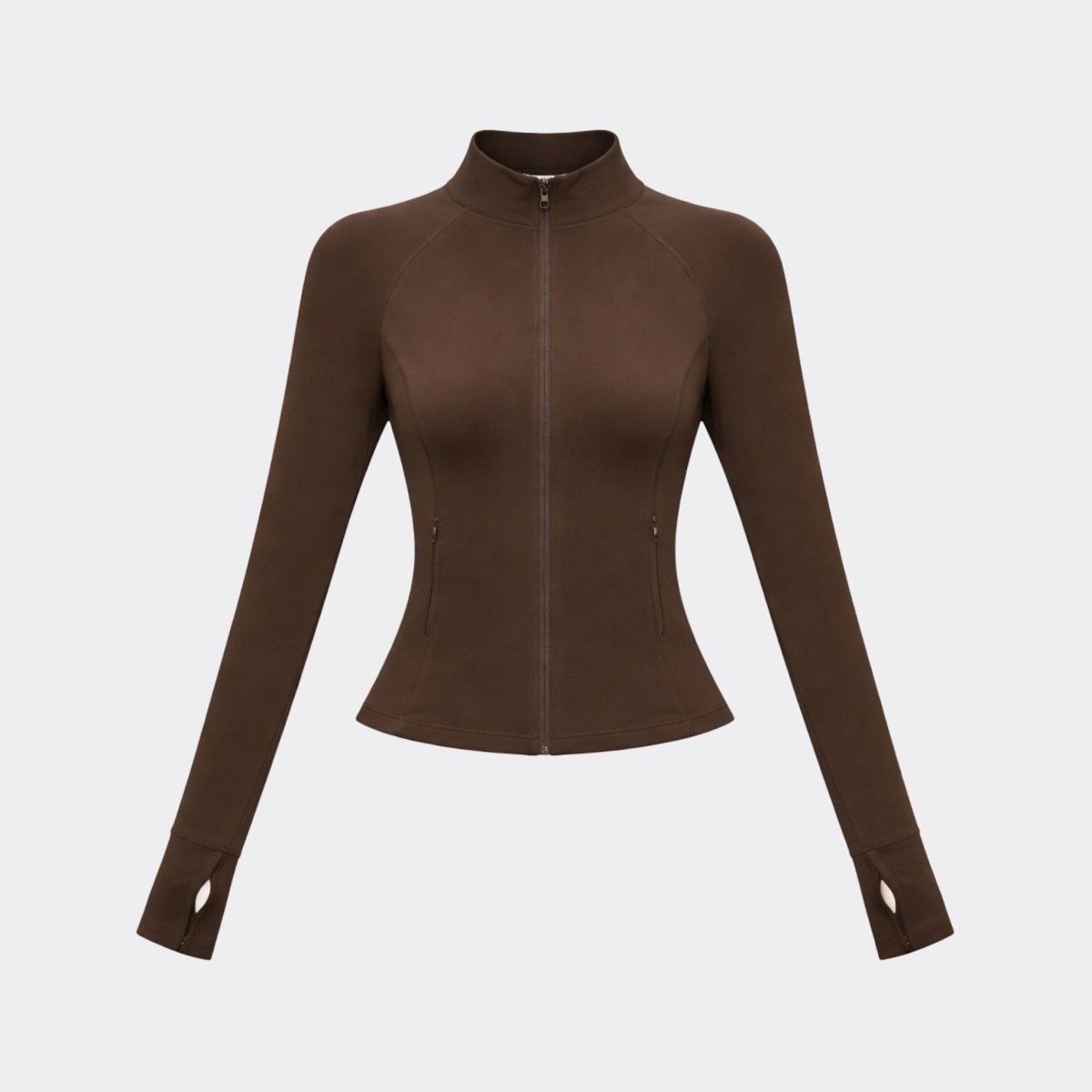 Flat lay front view of brown fitted long sleeve activewear jacket with thumbholes