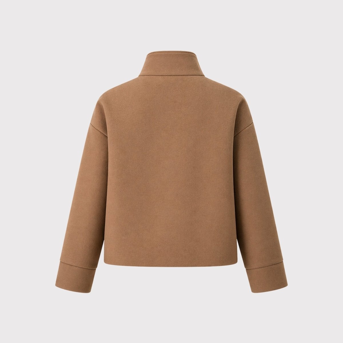 Back flat lay view of camel cropped button up jacket showing seamless design.