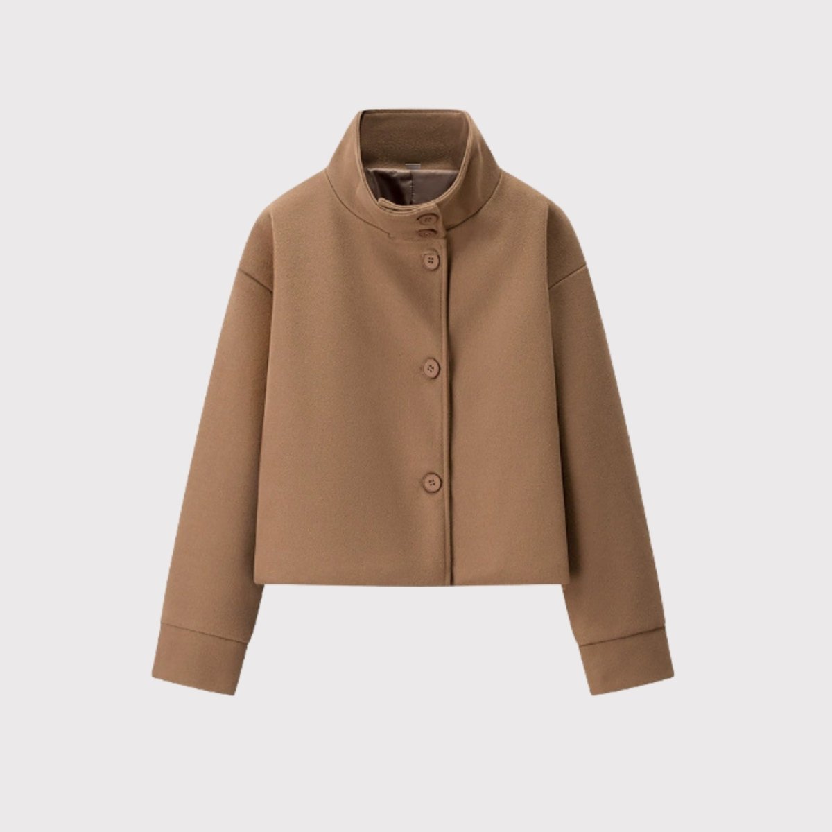 Front flat lay of brown funnel neck jacket showing button closure and premium fabric texture.