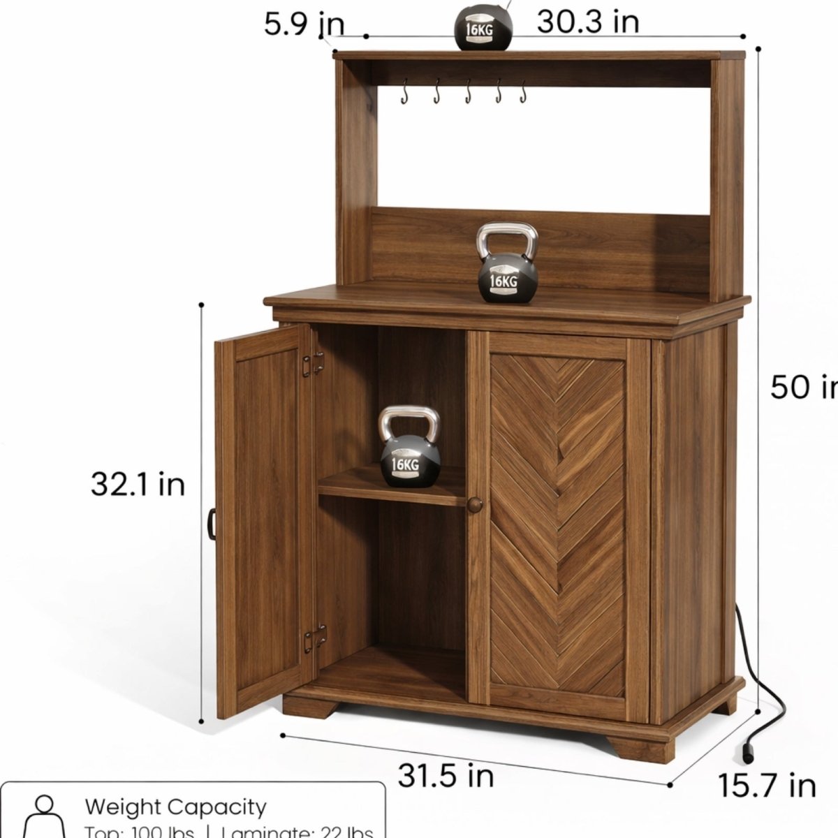 Close up of the built-in power strip on the side of the cabinet featuring two standard outlets and two USB ports for appliance charging.
