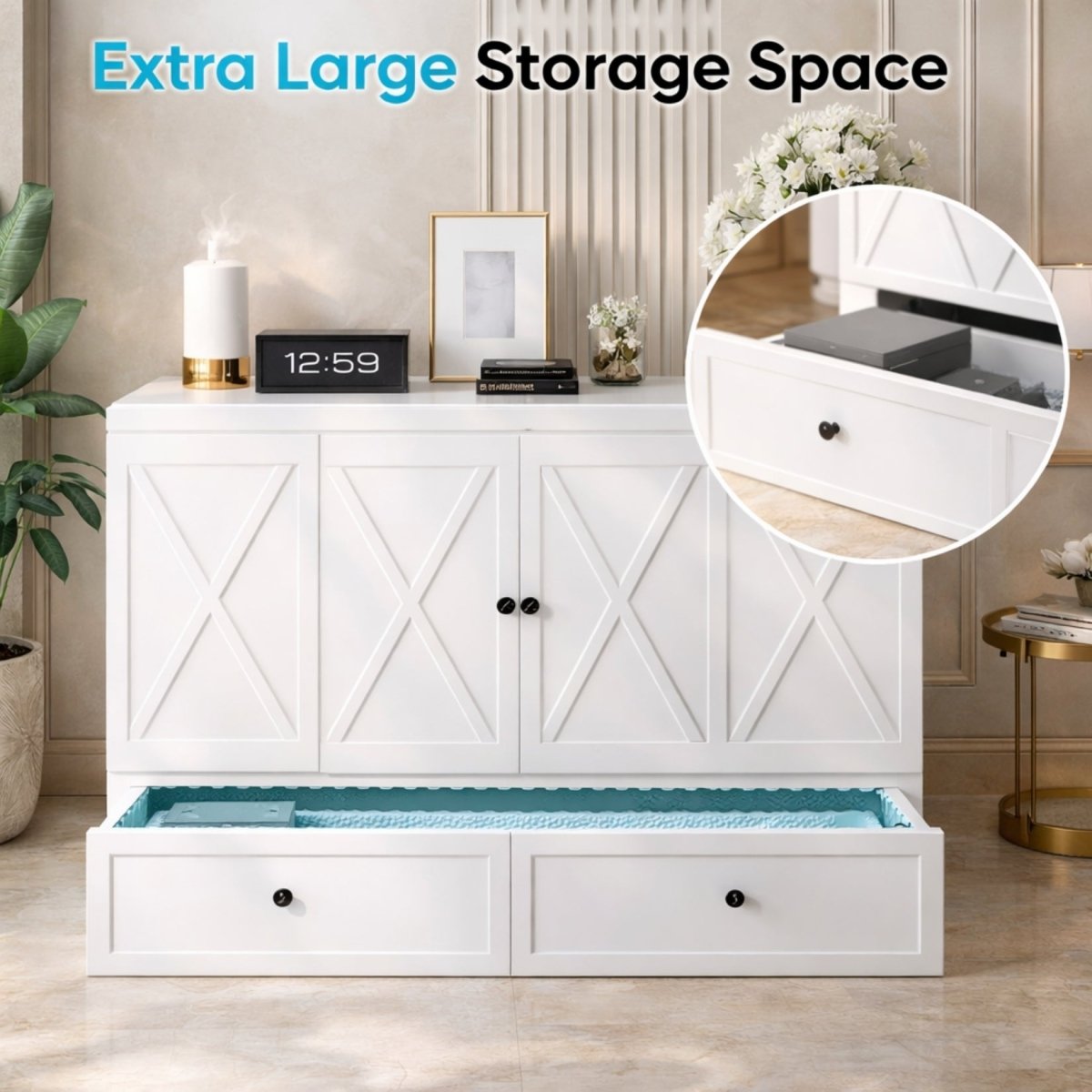 Demonstration of the easy-exchanging design showing the thick white folding mattress being deployed from the solid wood white cabinet frame.