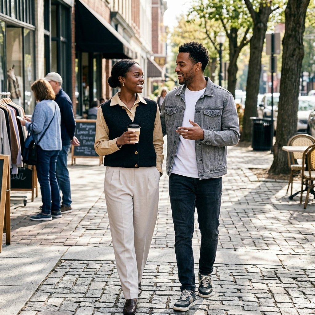 Woman smiling walking on a cobblestone street wearing a casual chic black sweater vest over a tan blouse next to a man in a denim jacket
