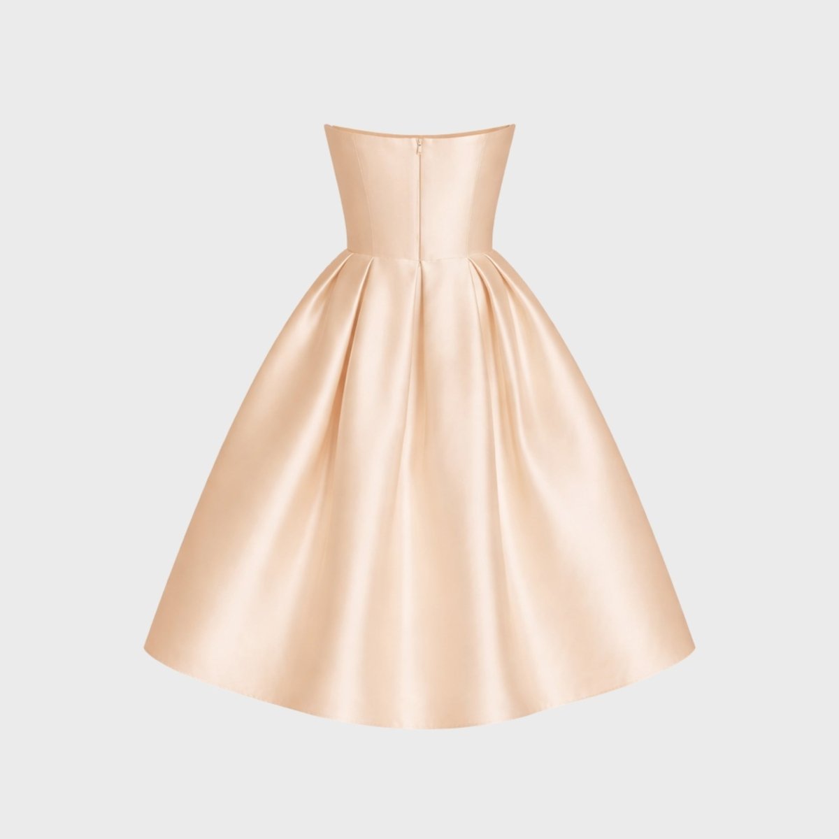 Ghost mannequin back view of tailored satin pleated midi dress designed for wedding guests and formal events