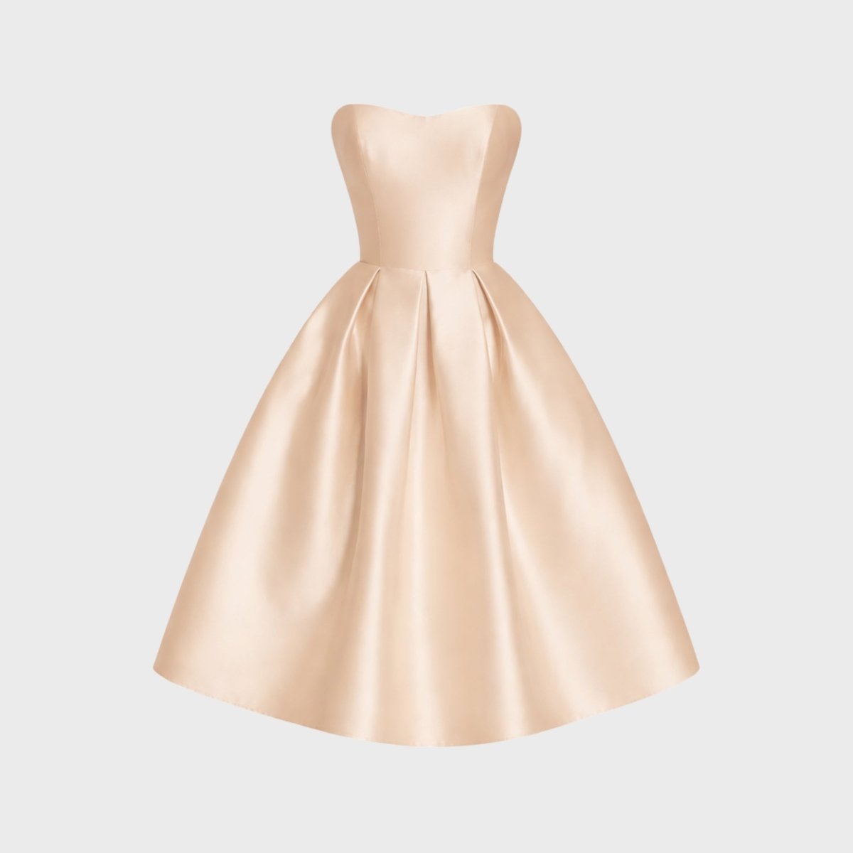 Ghost mannequin front view of luxurious champagne satin sweetheart midi dress showing box pleat details