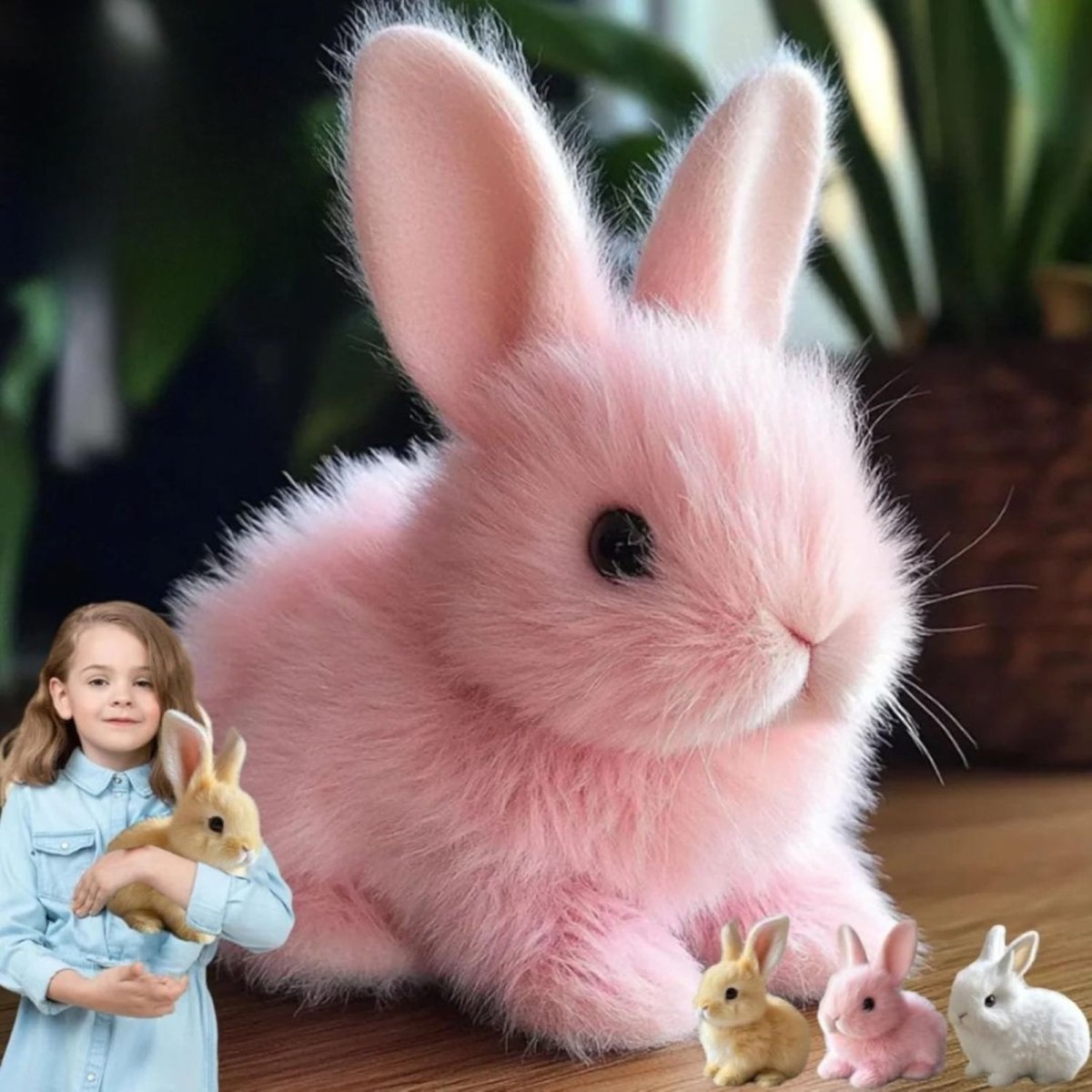 A young girl with blonde hair hugging the soft, cream-colored realistic Bunby plush bunny toy.