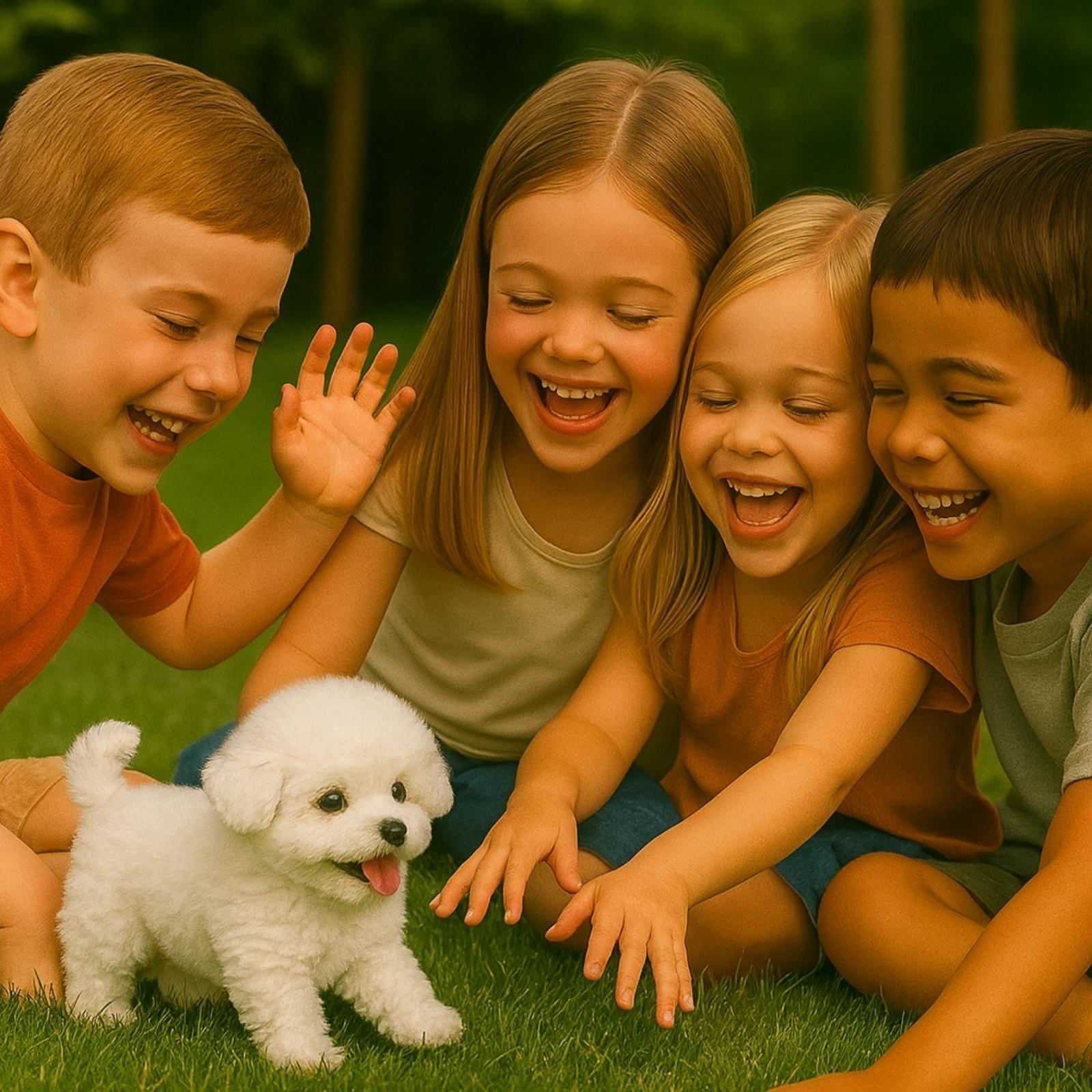 A group of diverse young children laughing together as they play on the grass with the white Kouvr electronic pet dog.