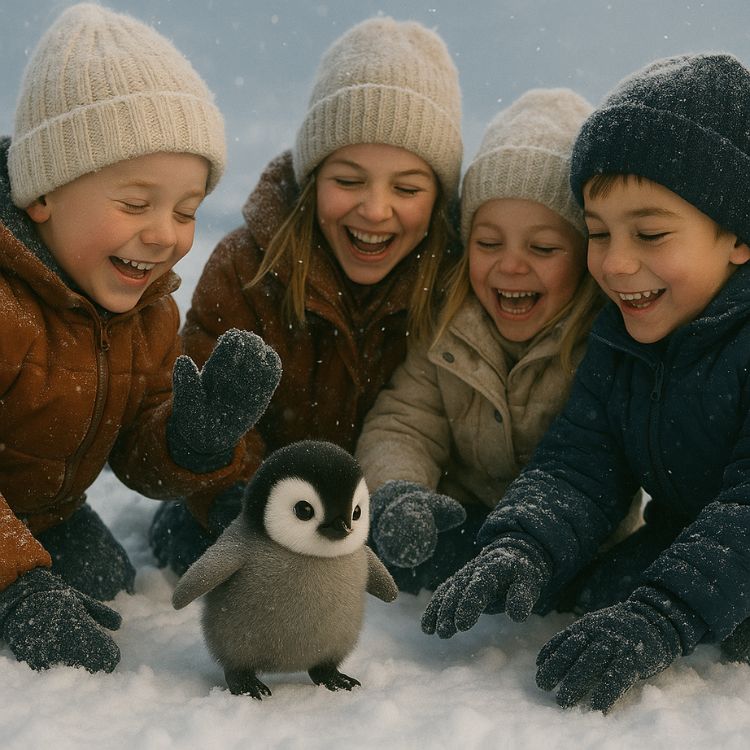 A group of four smiling children playing together in the snow, gathered around the Kouvr interactive waddling penguin toy.