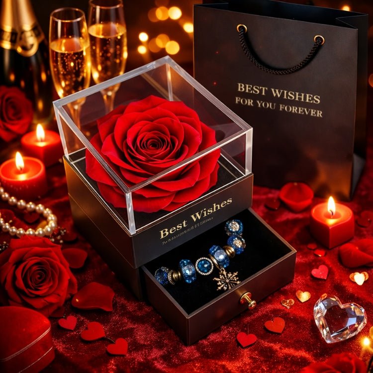 Romantic classic red eternal rose in a black gift box surrounded by candles and champagne.