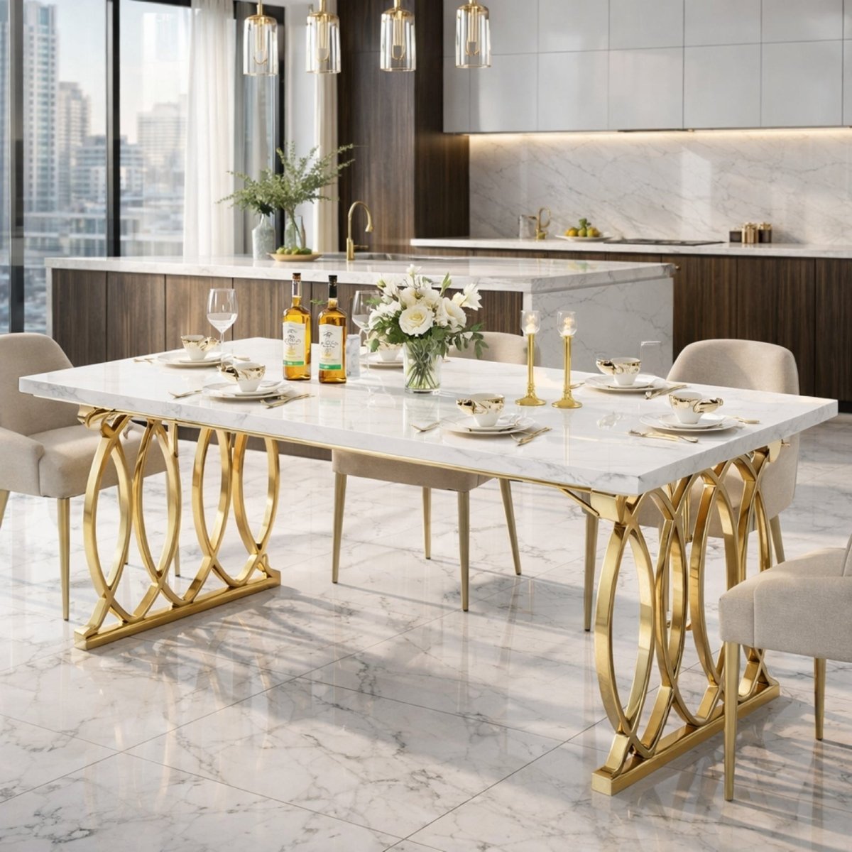 Close up detail of intersecting oval gold metal legs on a modern white dining table.