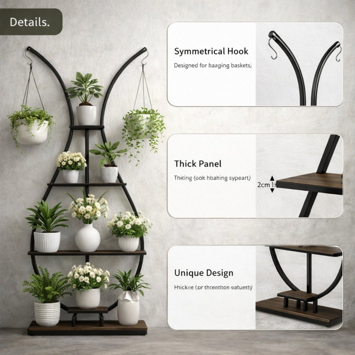 A detailed view of the thick, dark wood shelves and the stable, non-shaking base of the Kouvr multi-tier indoor plant holder.