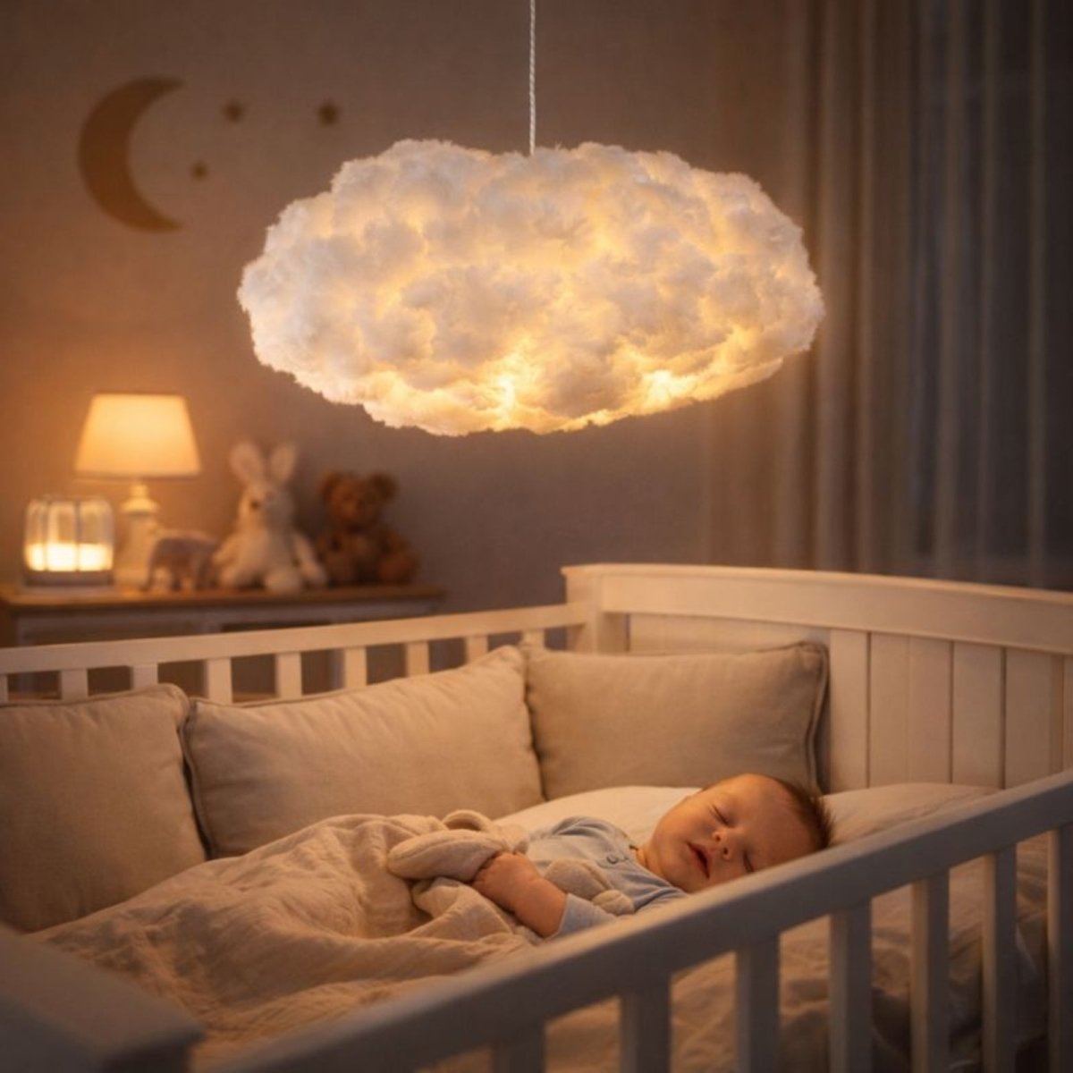 Soft cloud ceiling light hanging over a white baby crib in a dimly lit nursery, creating a soothing sleep environment.