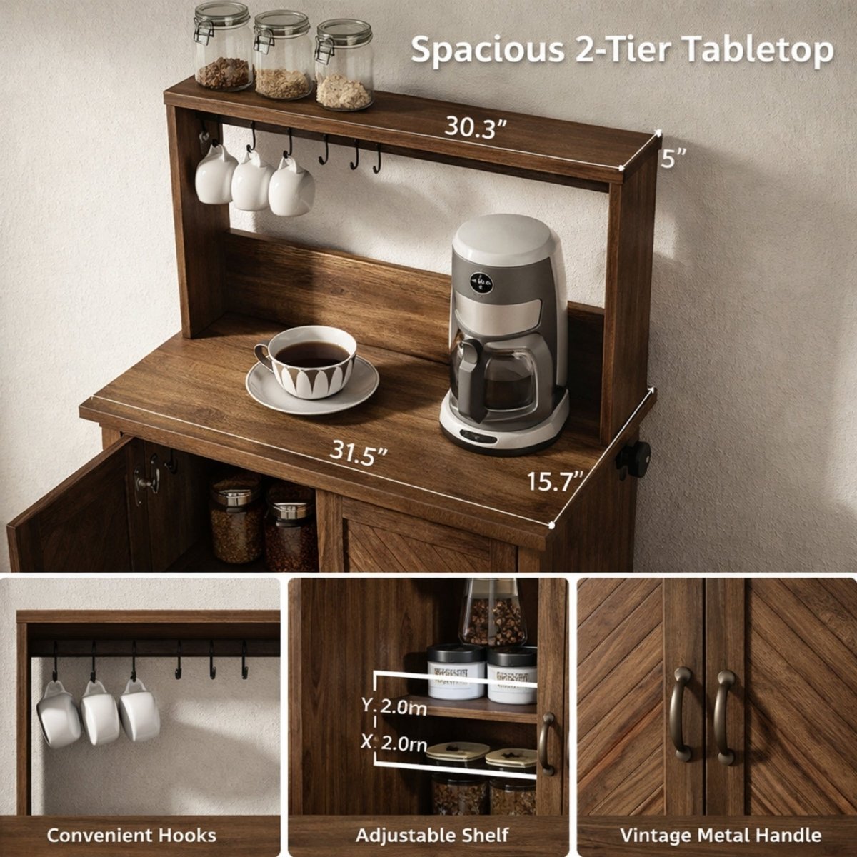 Dimension diagram of Kouvr coffee bar cabinet showing 31.5 inch width, 50 inch height, and 100lb weight capacity for the tabletop.