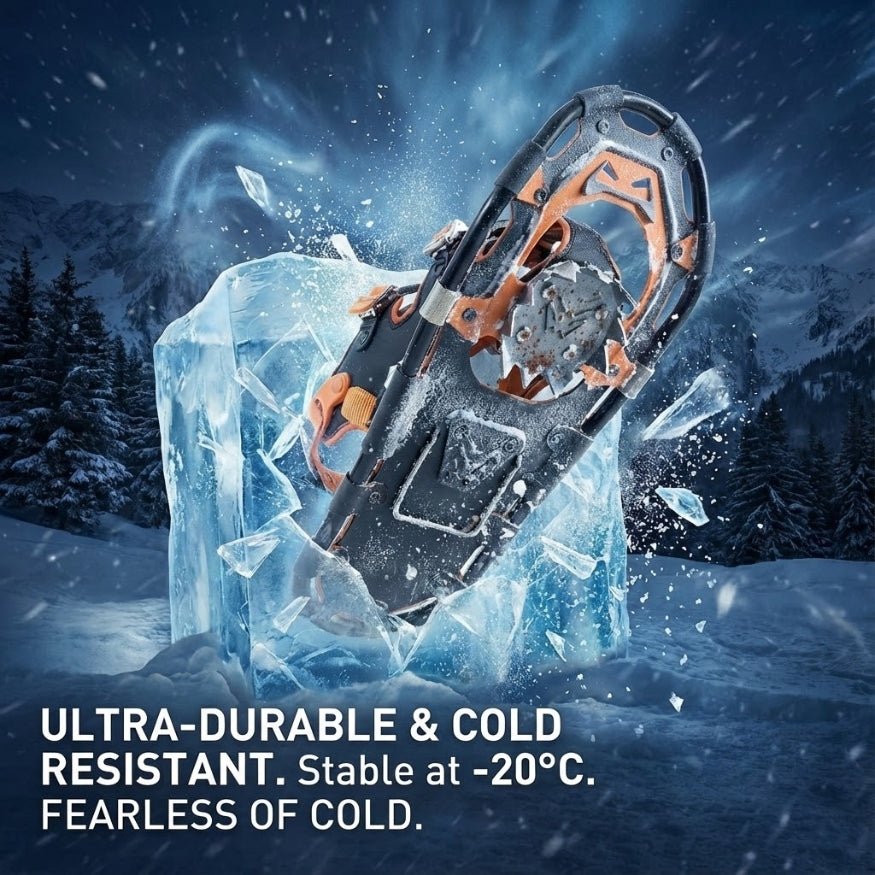Snowshoe breaking through a block of ice to demonstrate -20°C cold resistance and ultra-durable frame construction.