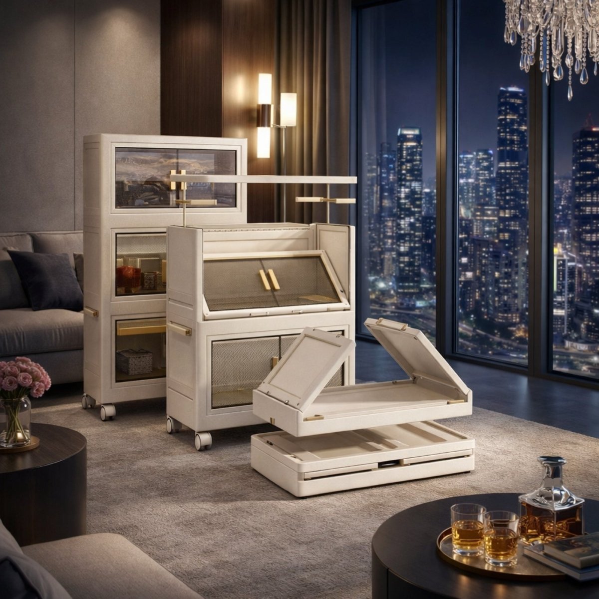 Demonstration of Kouvr storage cabinet collapsing flat for portability and easy zero-tool assembly.