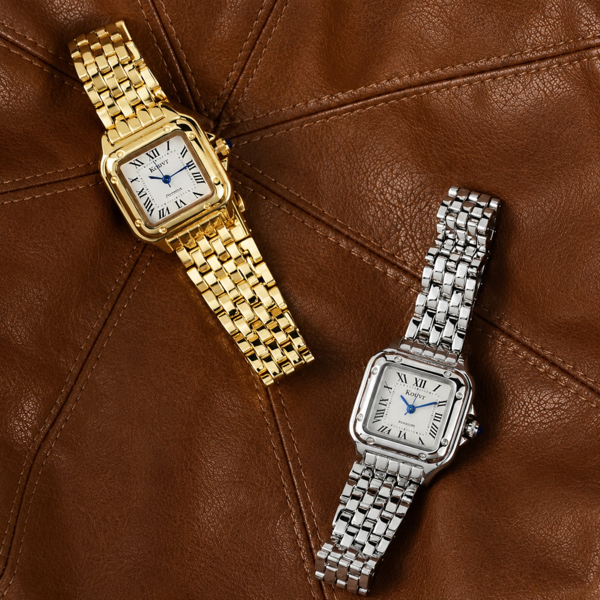 Side by side comparison of Kouvr classic women's square watches in both gold and silver finishes resting on a brown leather backdrop.
