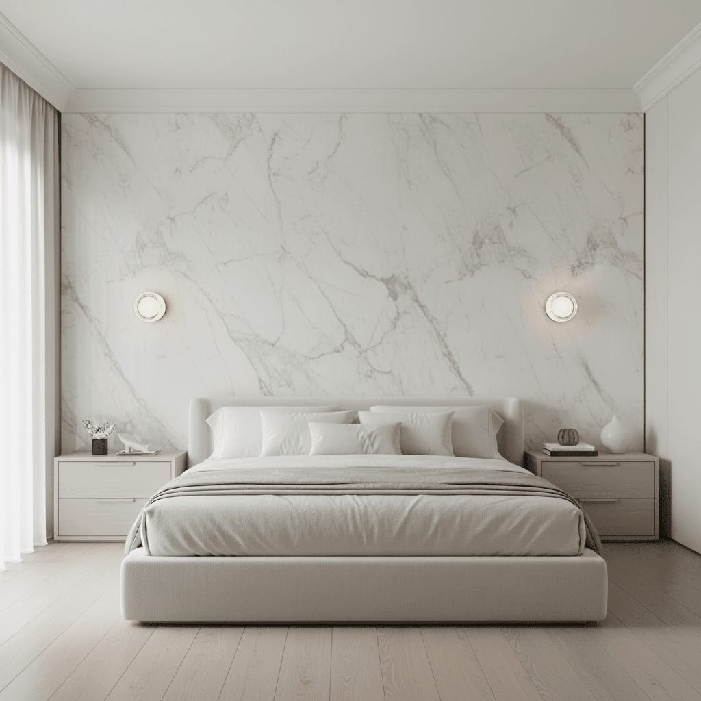 Symmetrical round white glass wall sconces illuminating a bright contemporary bedroom with a white marble slab accent wall.
