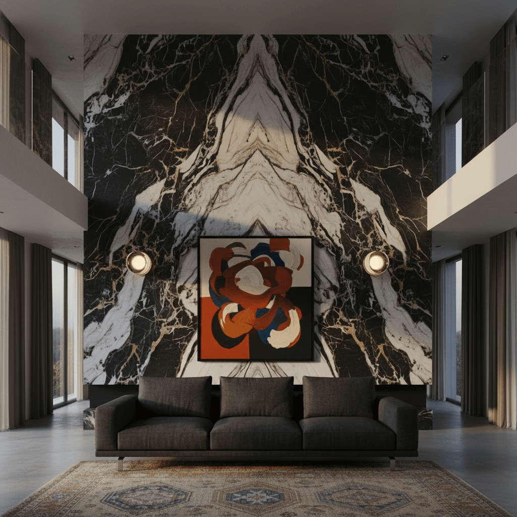 Pair of circular glass wall sconces flanking an abstract artwork on a dramatic bookmatched black and white marble feature wall in a high-ceiling luxury living room.