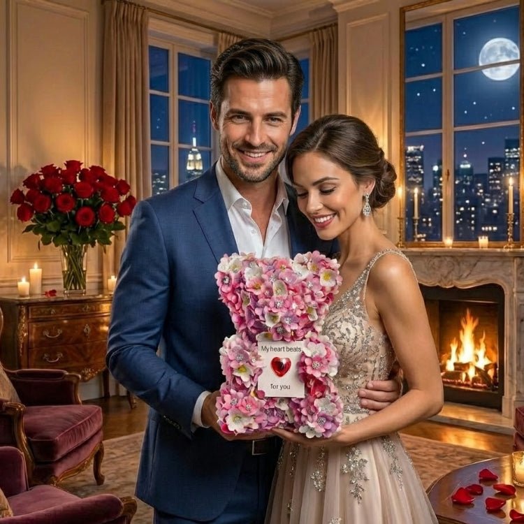 A happy, well-dressed couple holding the pink and white Kouvr Blossom & Jewel Bear in a romantic, softly lit room with a fireplace.