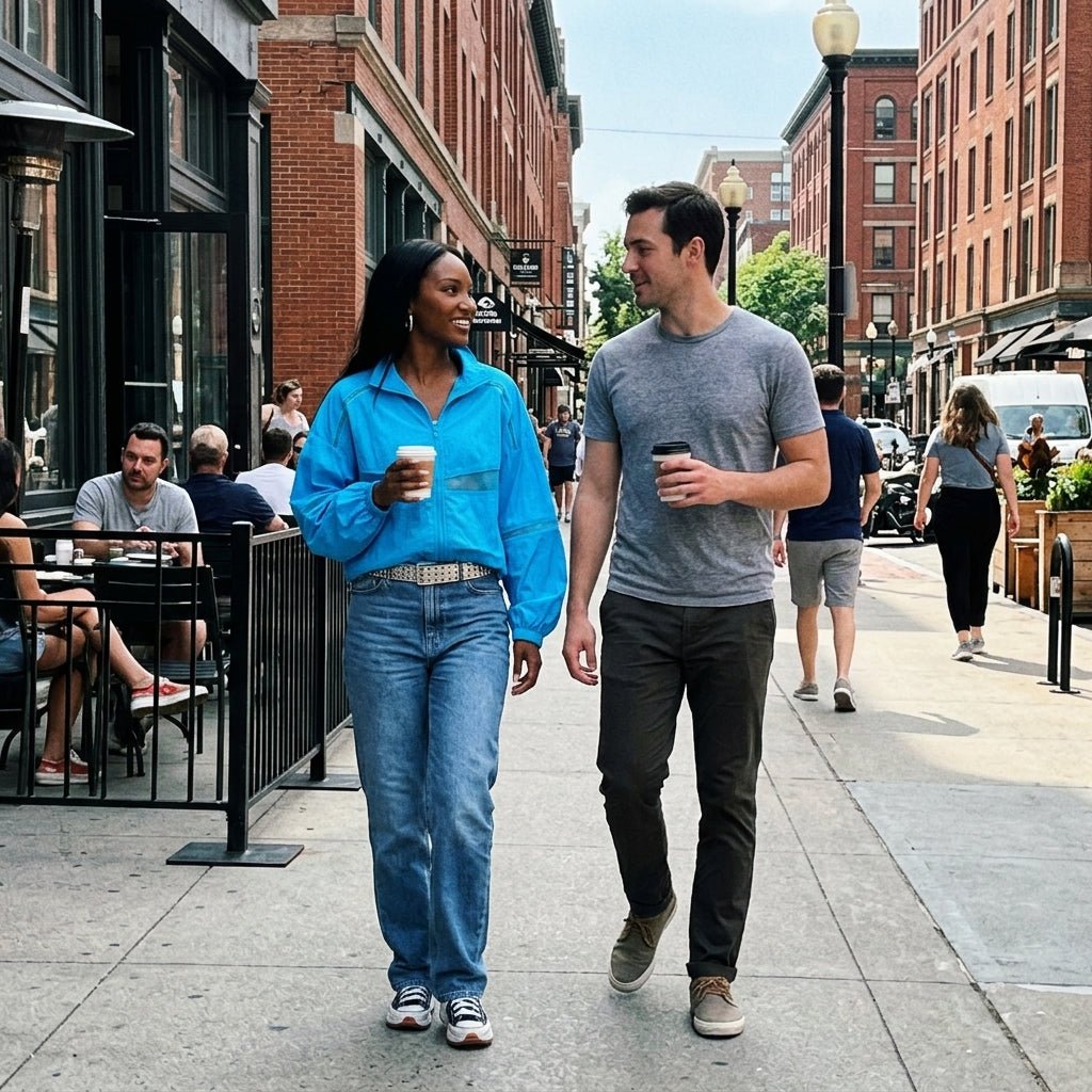 Woman walking in the city holding coffee, wearing the Kouvr bright blue lightweight statement windbreaker layered over casual street style clothing.