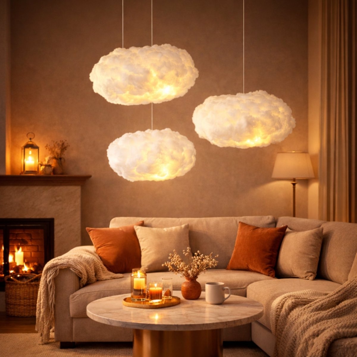 Warm living room interior featuring a fireplace, candles, and three glowing cloud lamps creating a hygge atmosphere.