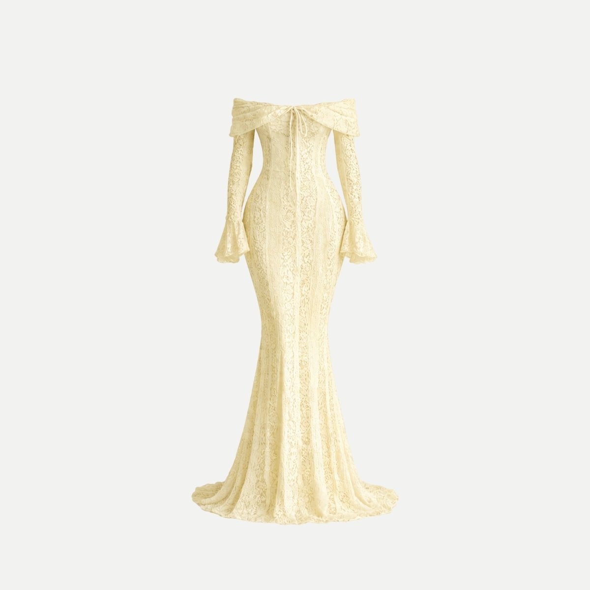 Front ghost mannequin view of cream yellow off shoulder lace maxi dress with flared sleeves and center tie