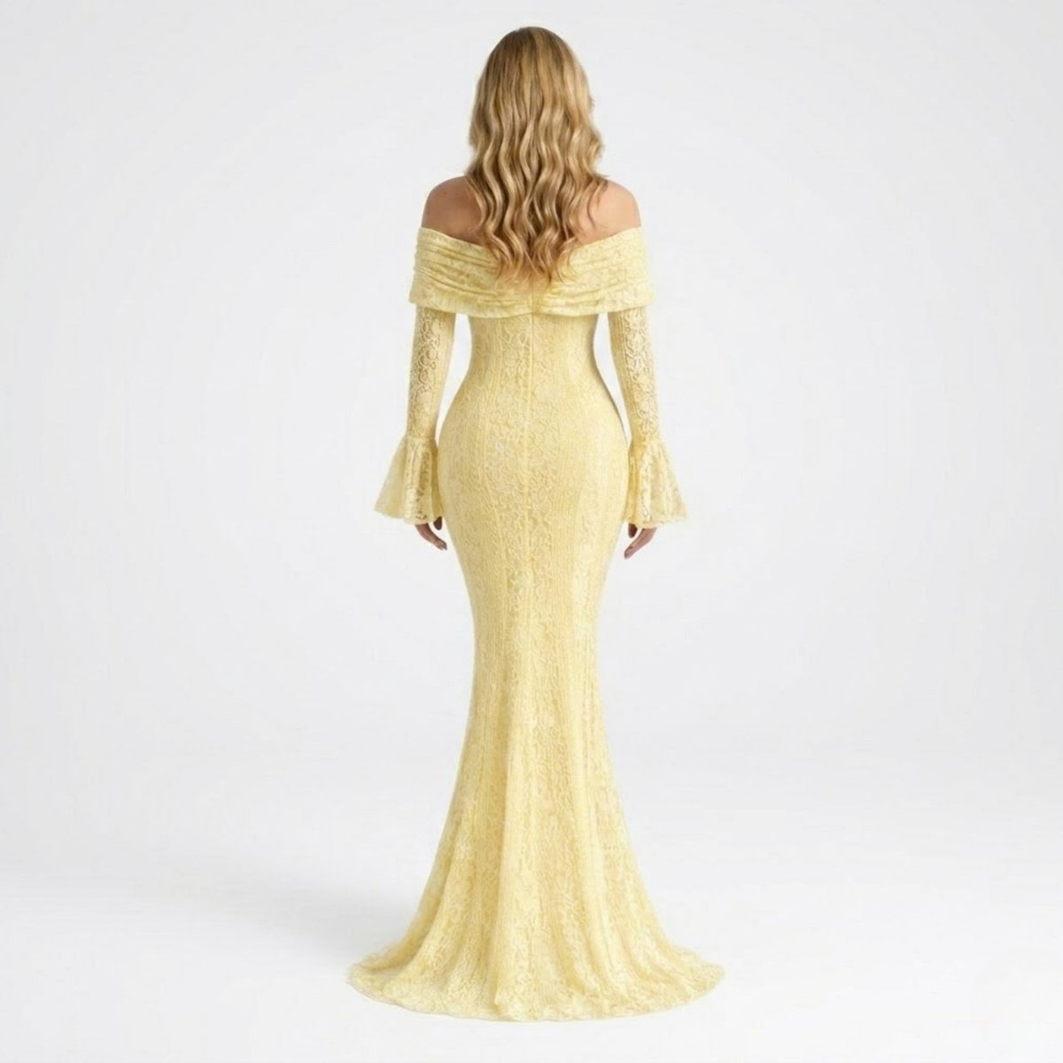 Back view of elegant cream yellow stretch lace maxi dress with off the shoulder foldover neckline and sweeping hem