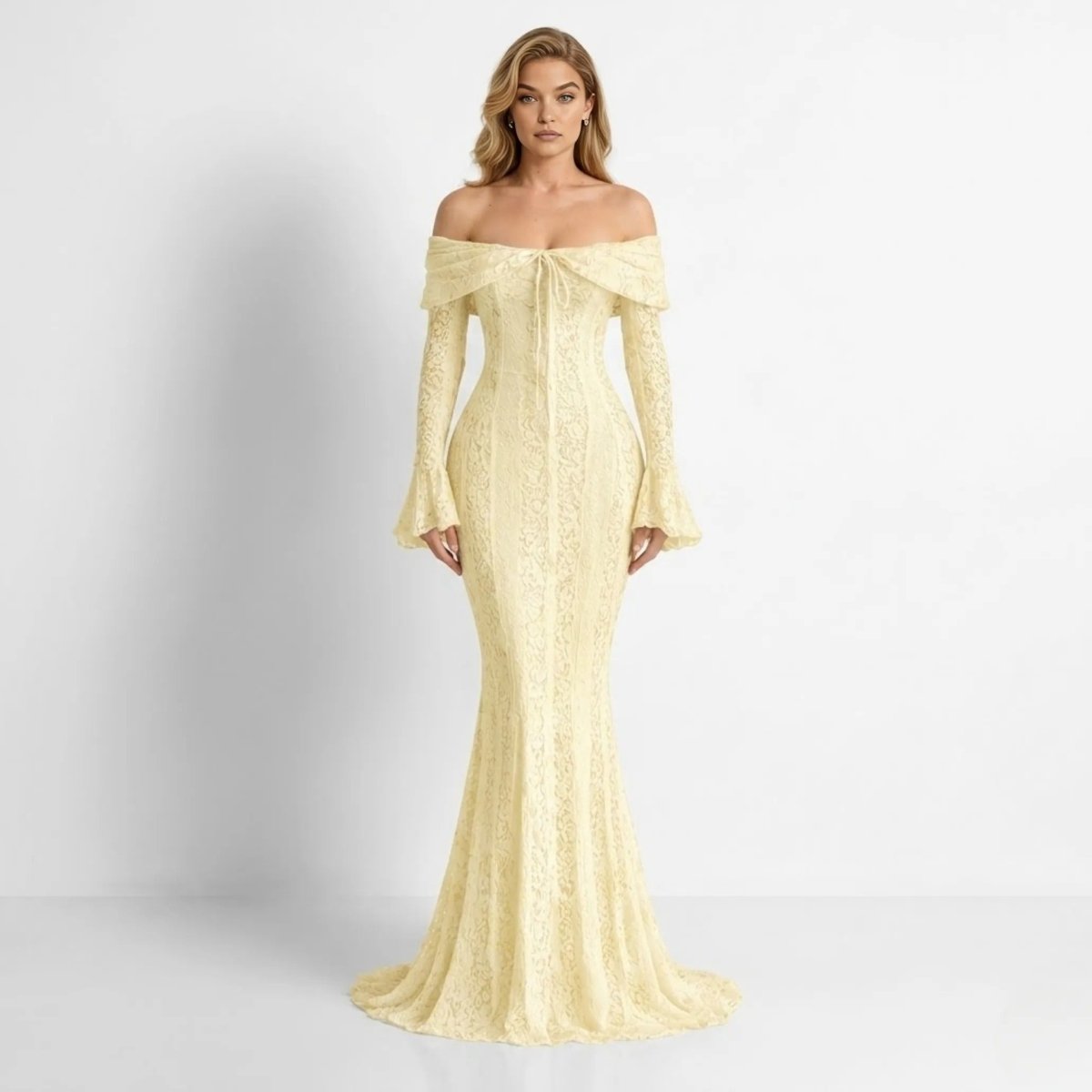 Front view of woman wearing Kouvr cream yellow lace off the shoulder maxi dress with long bell sleeves and front tie detail