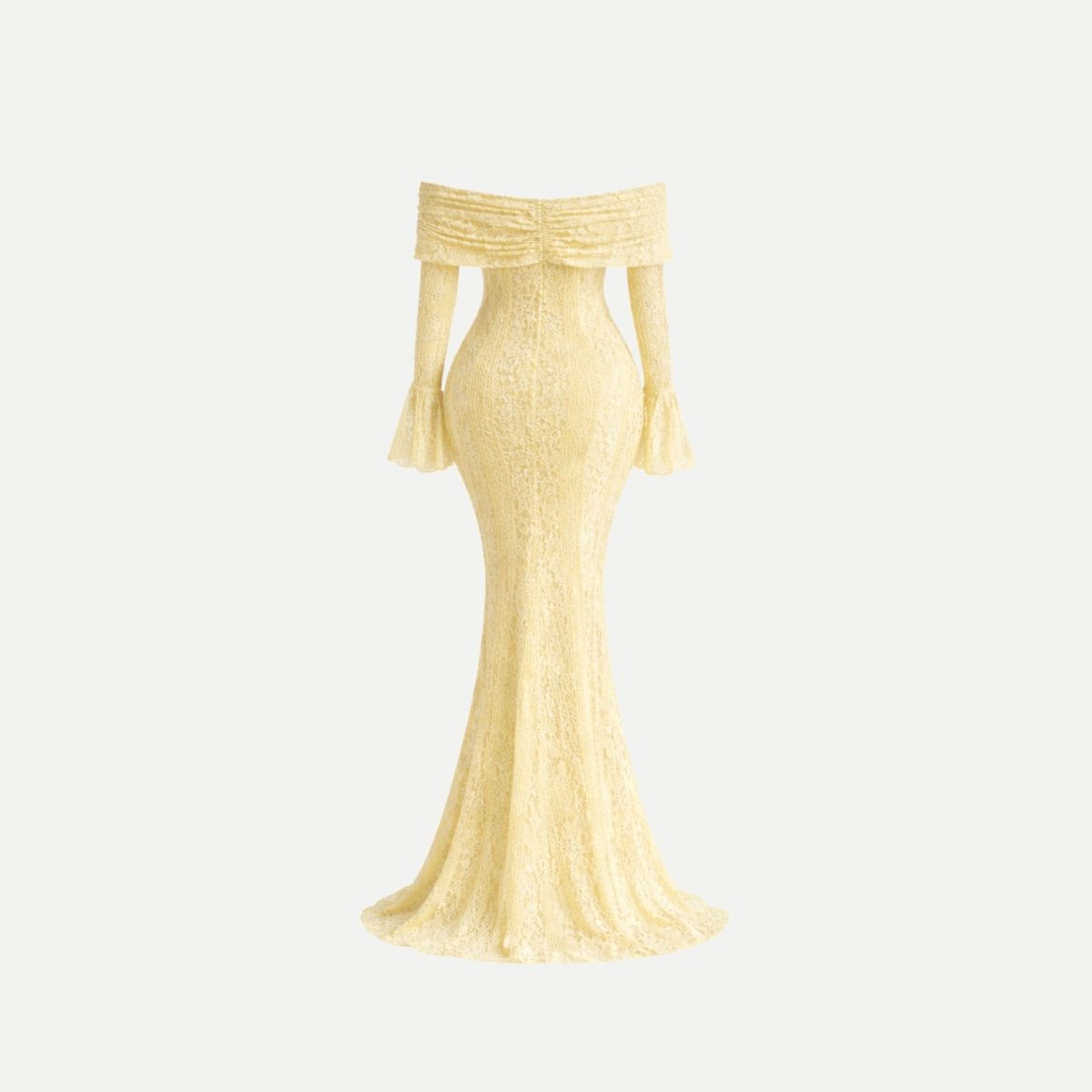 Back ghost mannequin view of cream yellow floral lace trumpet gown showing foldover back detail