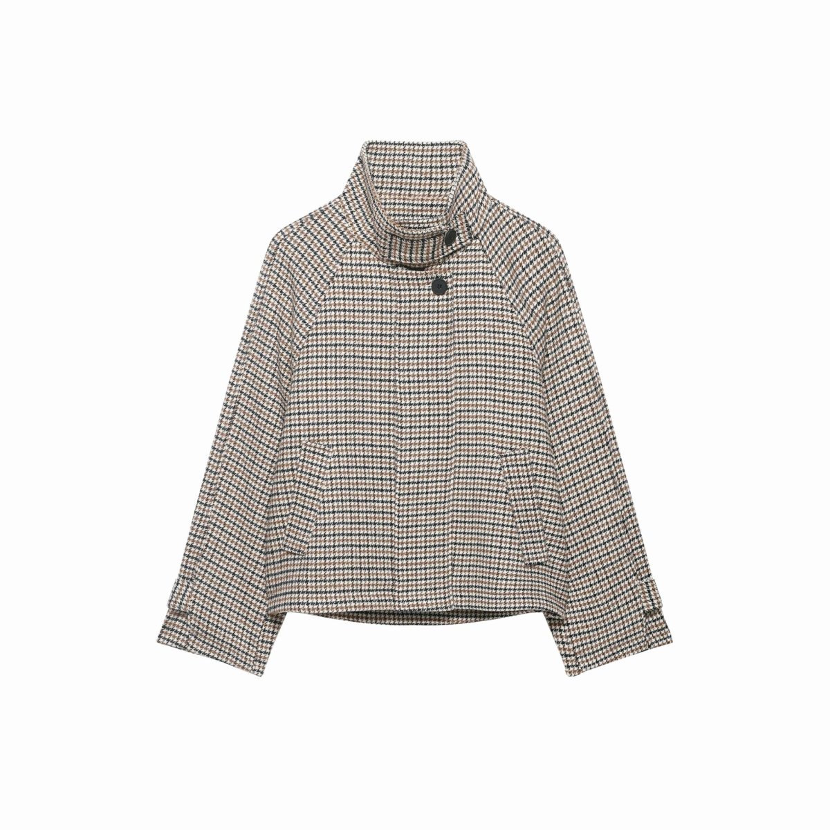 Ghost mannequin front view of a buttoned-up cropped houndstooth jacket with a funnel neck and raglan sleeves on a white background.