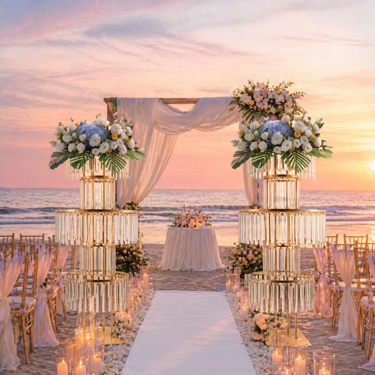 A pair of tall crystal chandelier flower stands framing a draped wooden wedding altar on a sandy beach at sunset.