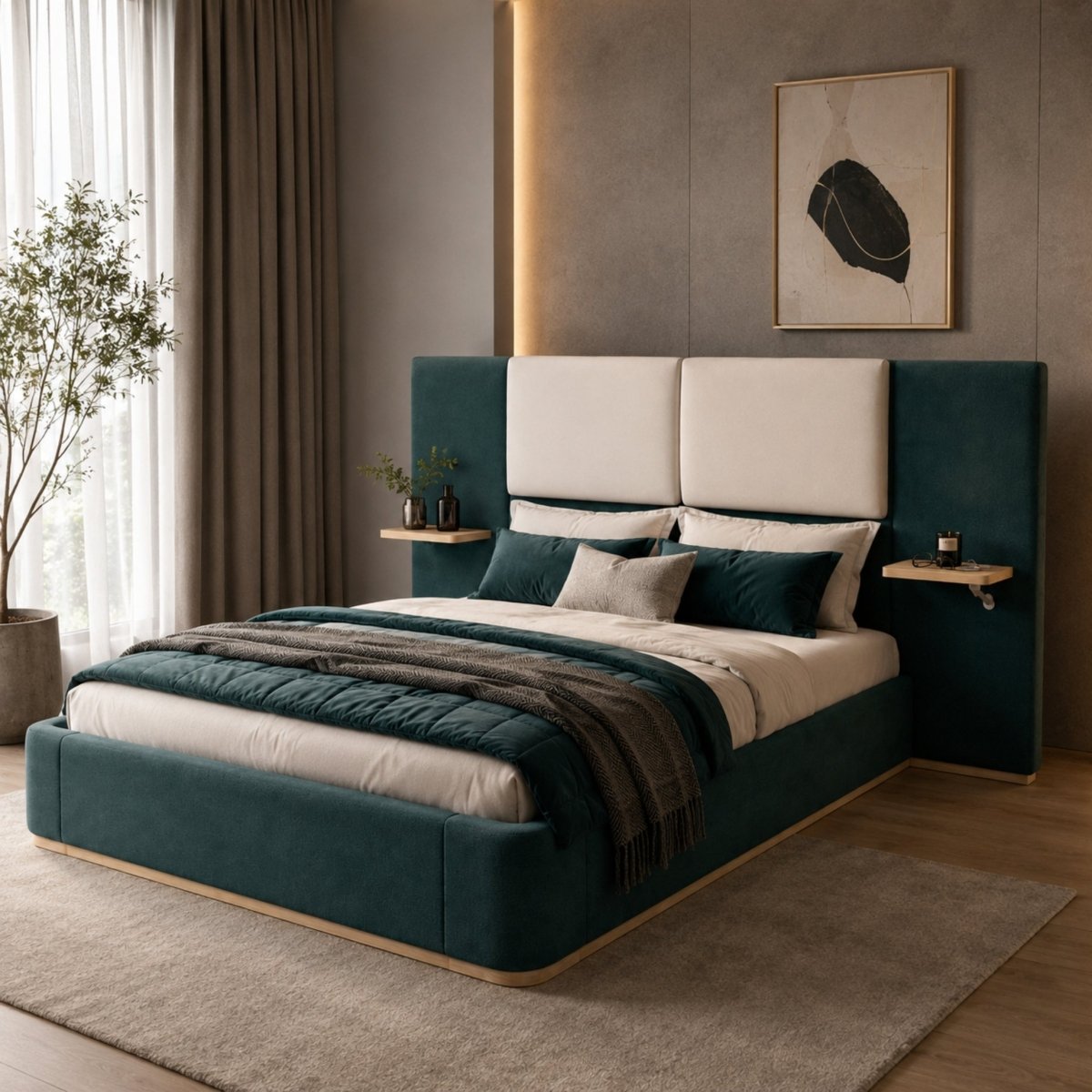 Close up detailing the thickened wooden base, curved anti-collision safety design, and premium fabric of the luxury platform bed frame.