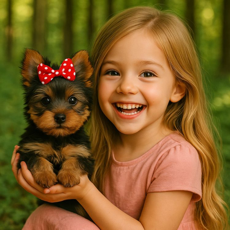 Happy young girl holding a cute interactive Yorkie puppy toy, the perfect birthday or holiday gift for children who love animals.