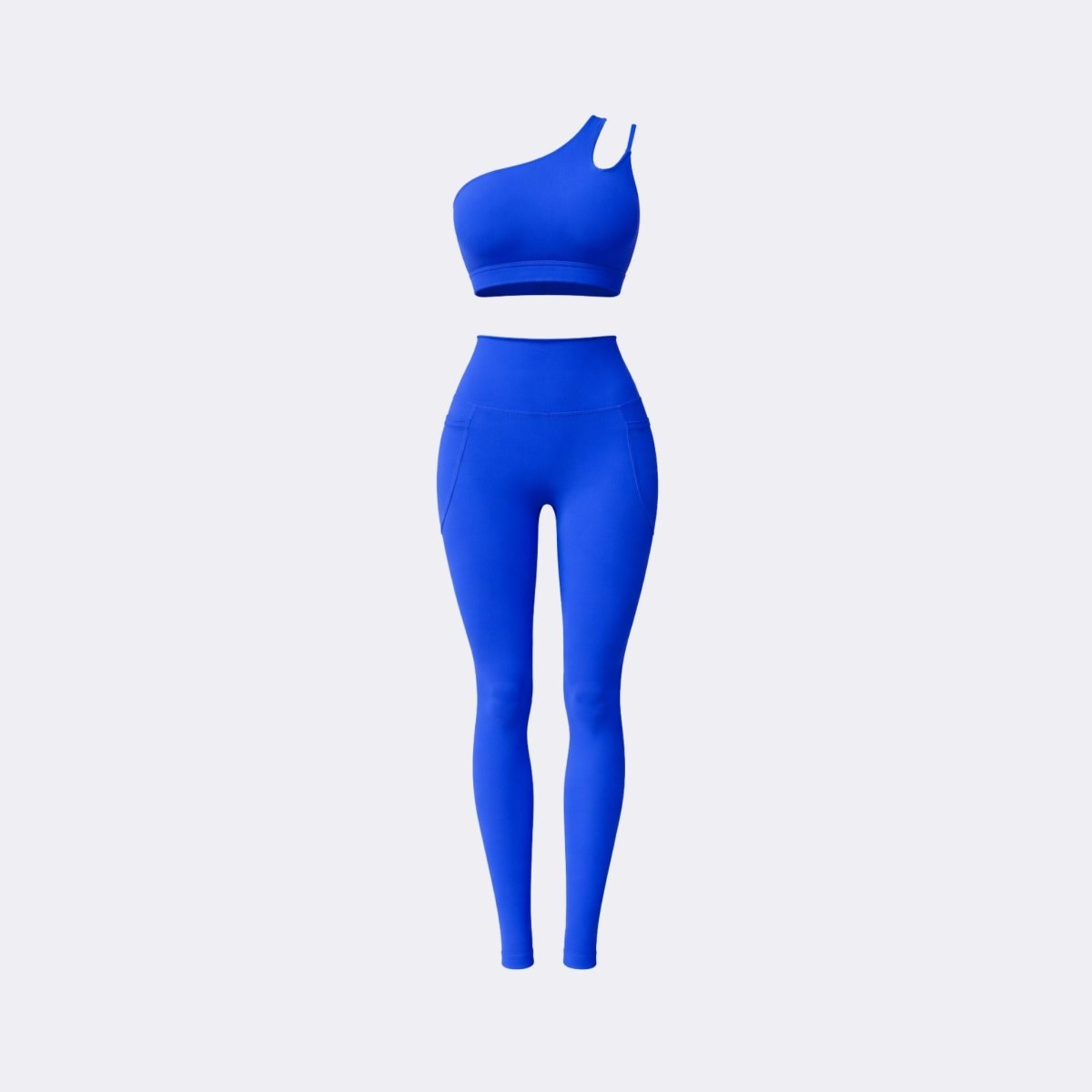 Flat lay front view of Kouvr dark blue one shoulder activewear set on a white background highlighting asymmetrical top details.