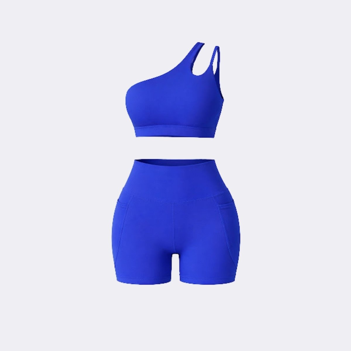 Ghost mannequin front view of dark blue two piece workout set featuring one shoulder cutout bra and pocket biker shorts